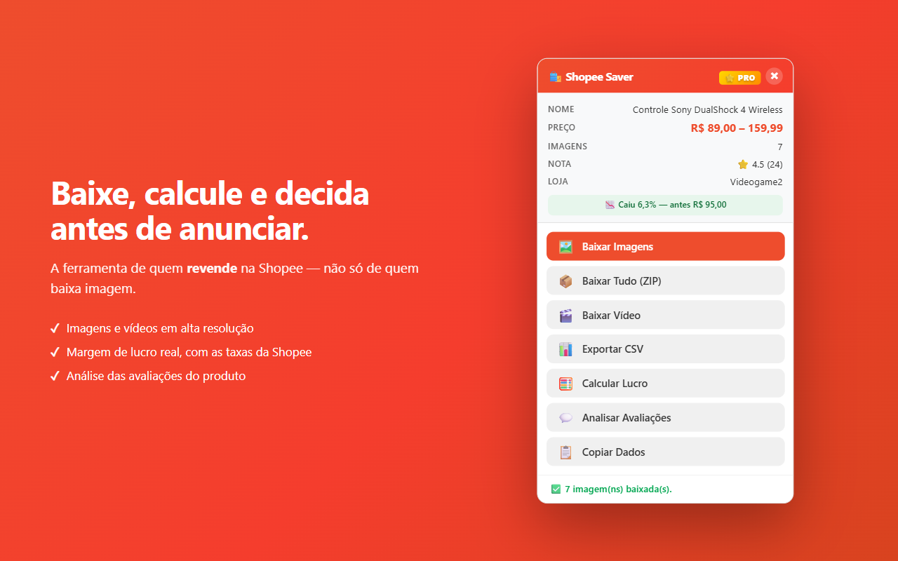 Painel do Shopee Saver sobre uma página de produto, mostrando nome, preço, imagens, nota e os botões de download.